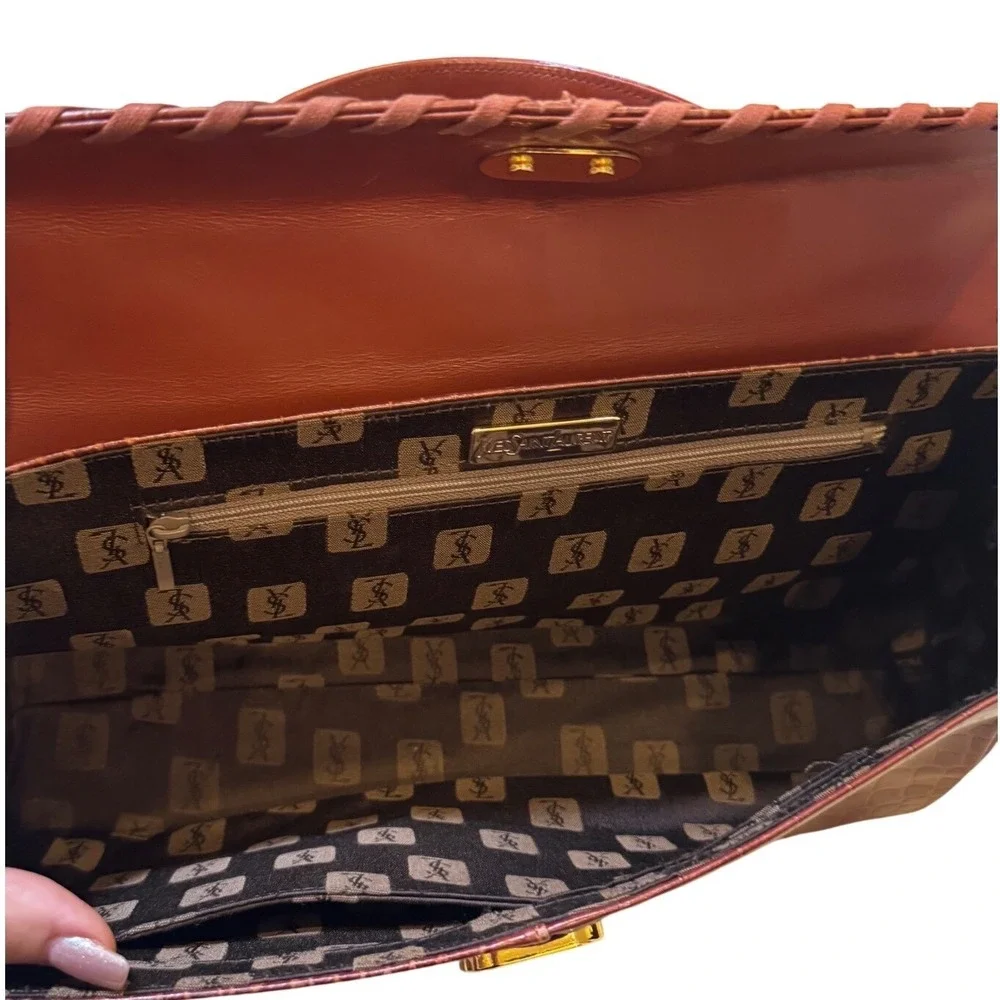 Yves Saint Laurent YSL Vintage ReddishBrowns Croc Leather‎ Tote  7x12.5x4